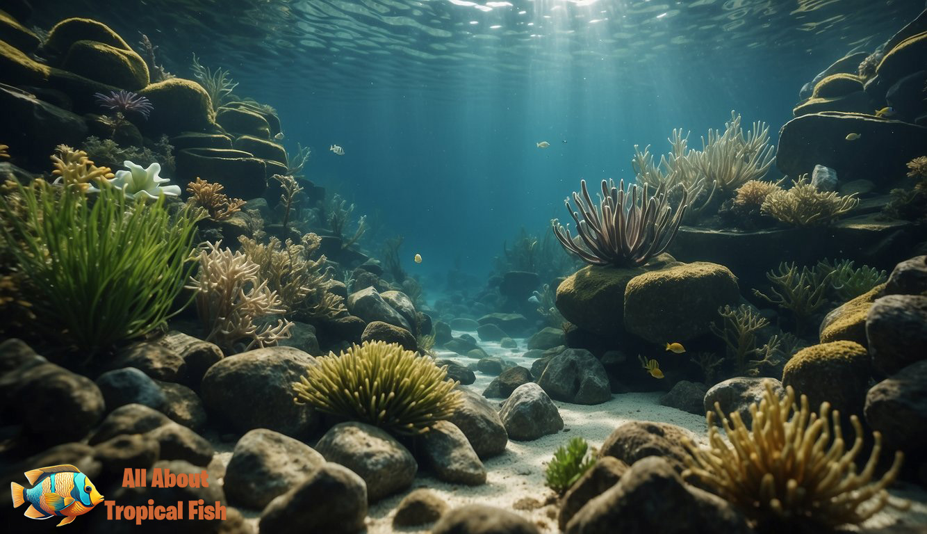A variety of aquatic plants and rocks arranged in a visually appealing underwater landscape