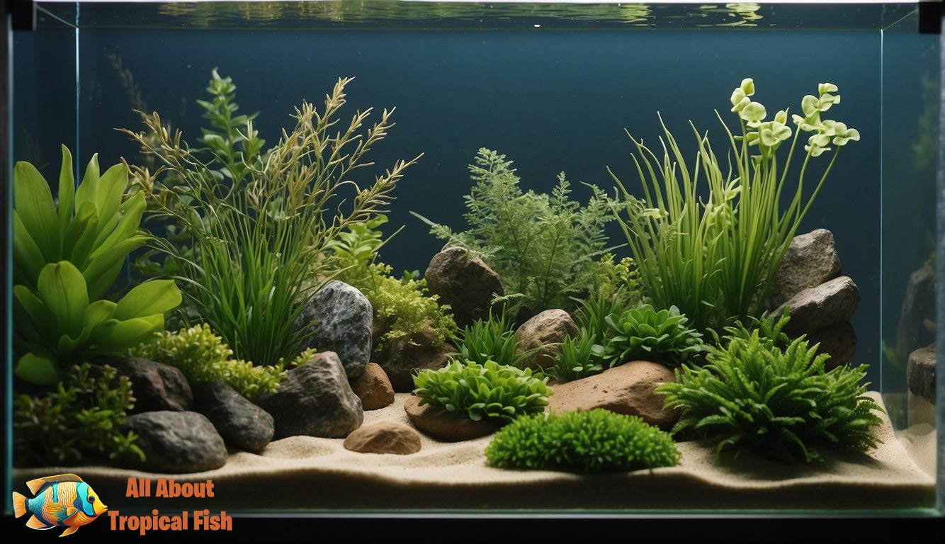 A variety of aquatic plants and rocks arranged in a glass aquarium, creating a natural underwater landscape. Sand and gravel substrate with driftwood and moss add to the peaceful ambiance