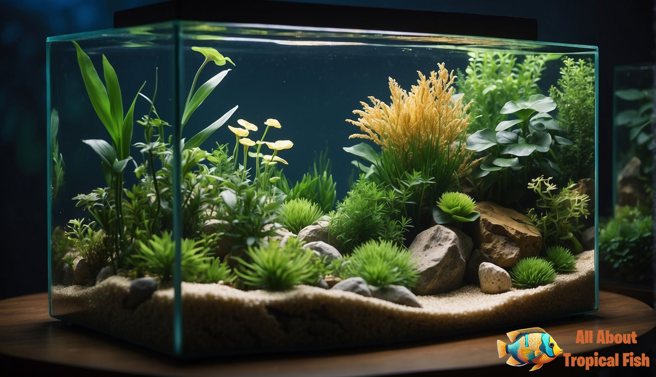 Vibrant aquatic plants arranged in a glass tank with rocks, creating an underwater landscape
