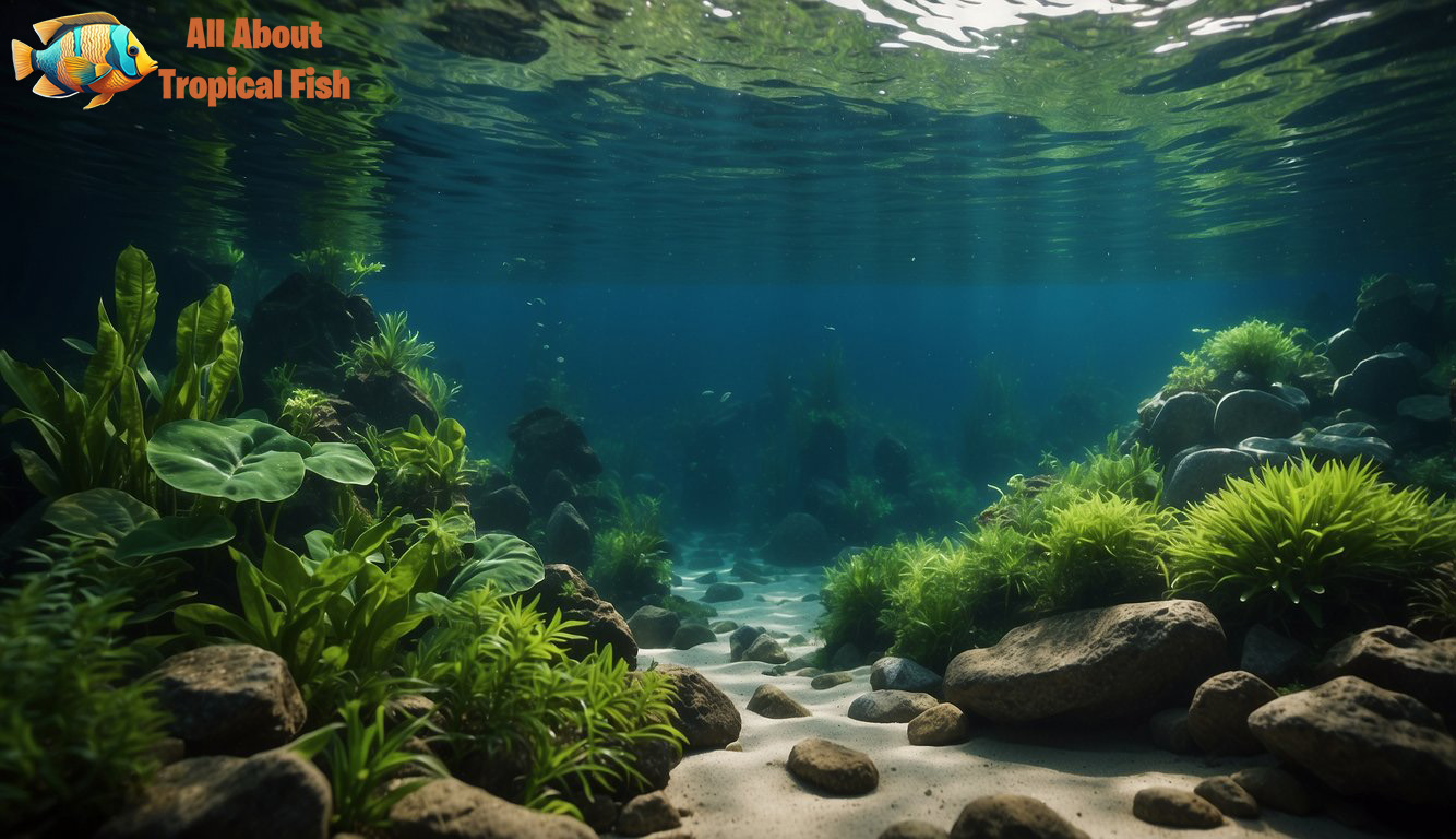 Lush green plants arranged in a natural underwater landscape with rocks creating depth and texture.