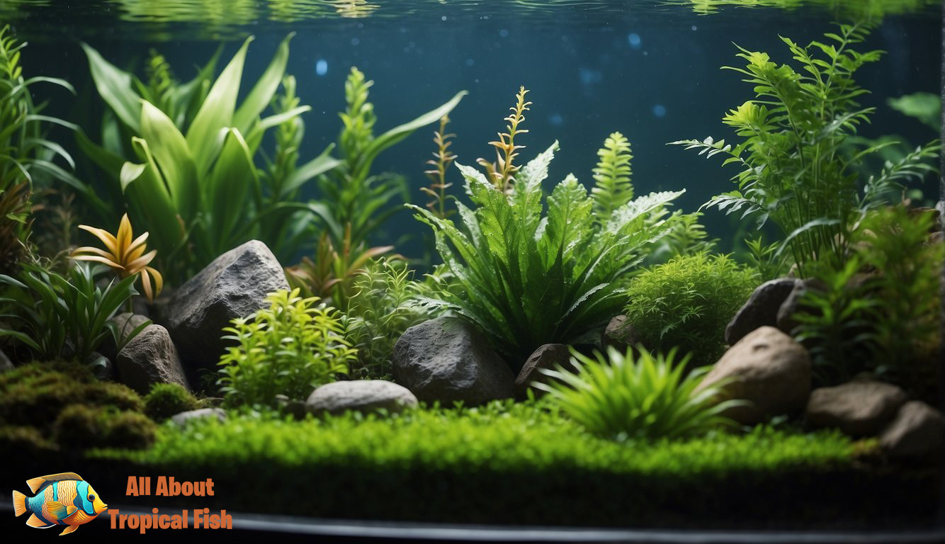 A diverse array of aquatic plants and rocks arranged in an aesthetically pleasing manner within a glass aquarium