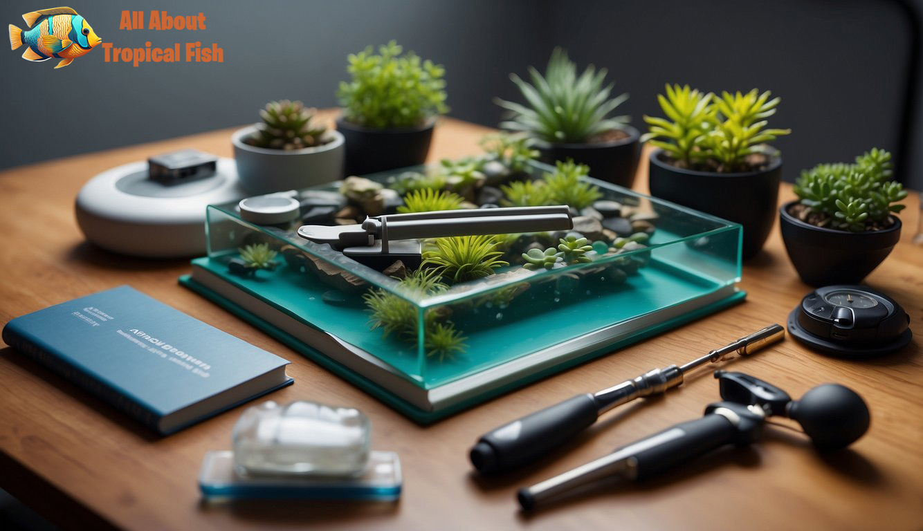 A variety of aquascaping tools and materials arranged neatly on a clean, well-lit work surface